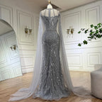 2025 Arabic Gray Mermaid Evening Dress With Beaded Elegant Cape Sleeves Gown For Formal Occasion LA72611