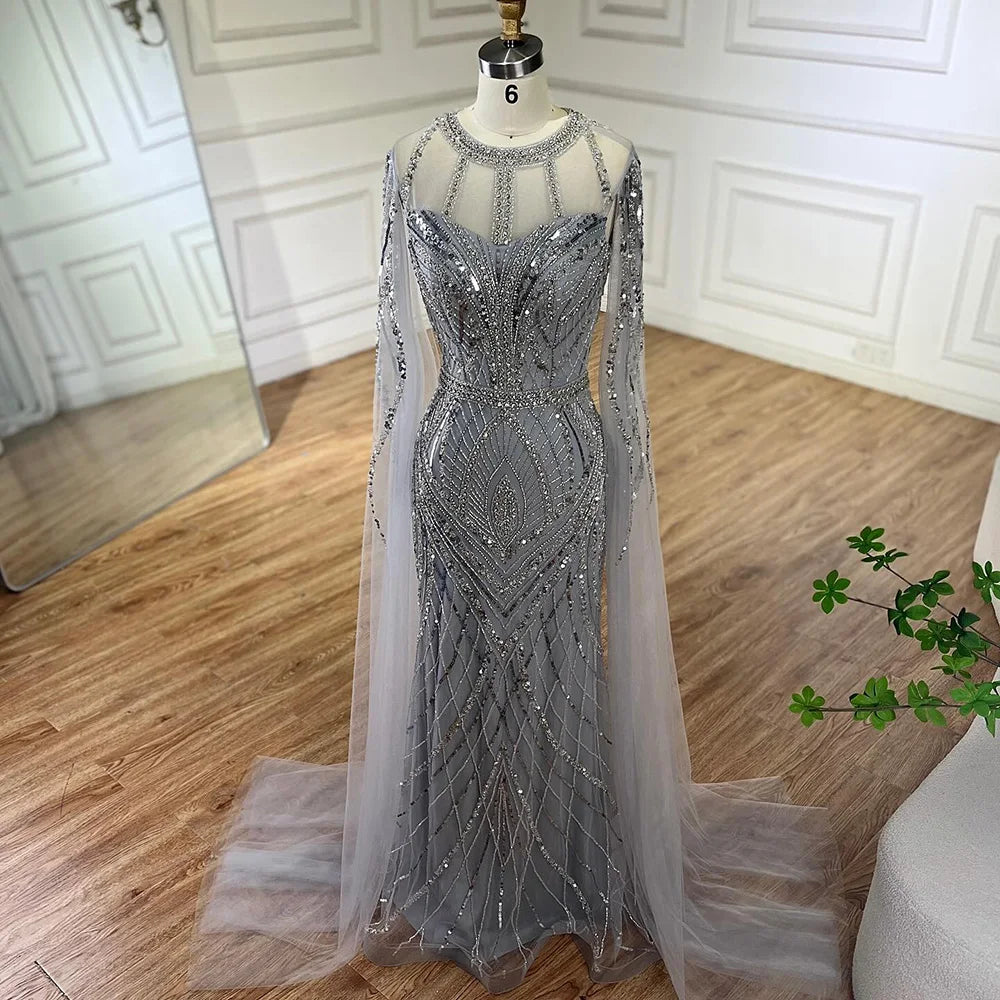2025 Arabic Gray Mermaid Evening Dress With Beaded Elegant Cape Sleeves Gown For Formal Occasion LA72611