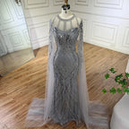 2025 Arabic Gray Mermaid Evening Dress With Beaded Elegant Cape Sleeves Gown For Formal Occasion LA72611