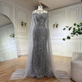 2025 Arabic Gray Mermaid Evening Dress With Beaded Elegant Cape Sleeves Gown For Formal Occasion LA72611