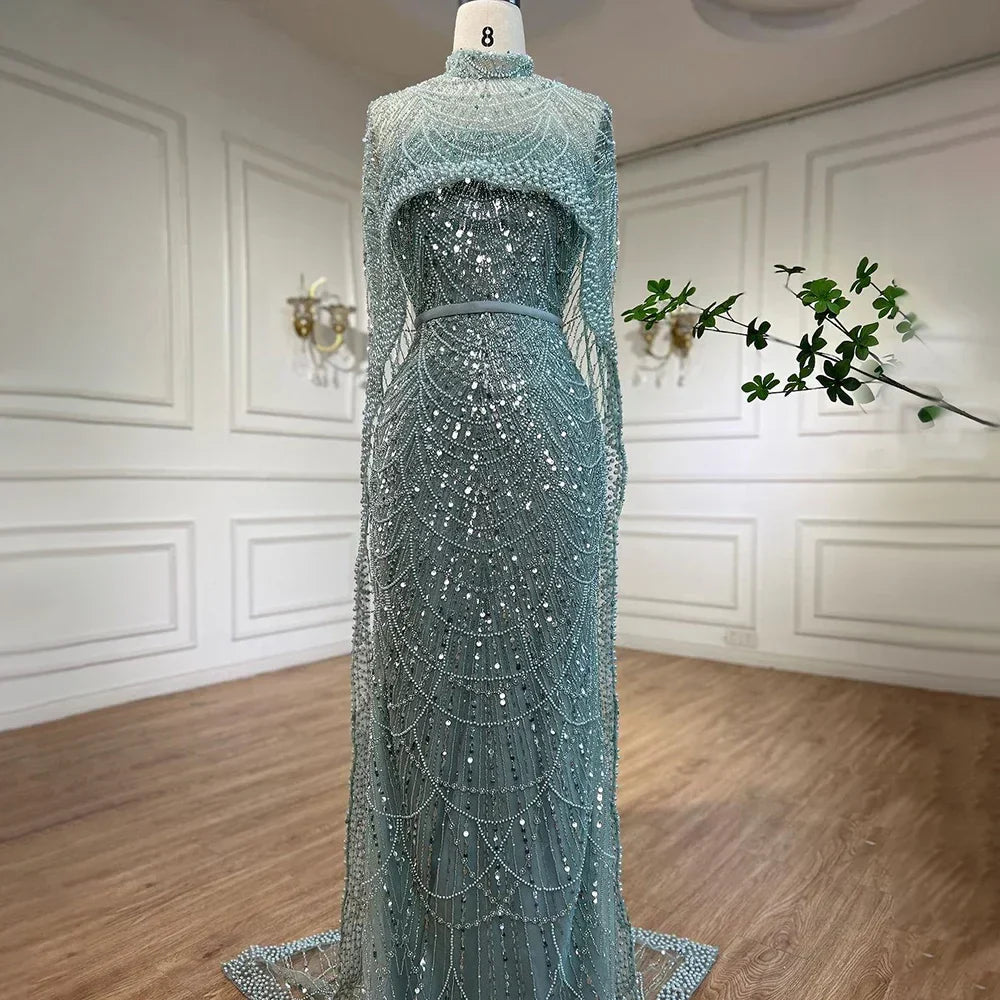 Arabia Nude Mermaid Long Cape Luxury Evening Dresses Gowns 2025 For Formal Occasion LA72032