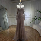 Vestidos de noche elegantes de sirena color caramelo, sin mangas, con cuello halter y guantes, con cuentas, 2025, LA72232