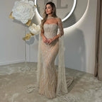Nude Mermaid Evening Dresses Gowns with Detachable Cape Sleeves and Lace Up Back for Formal Occasion LA72824