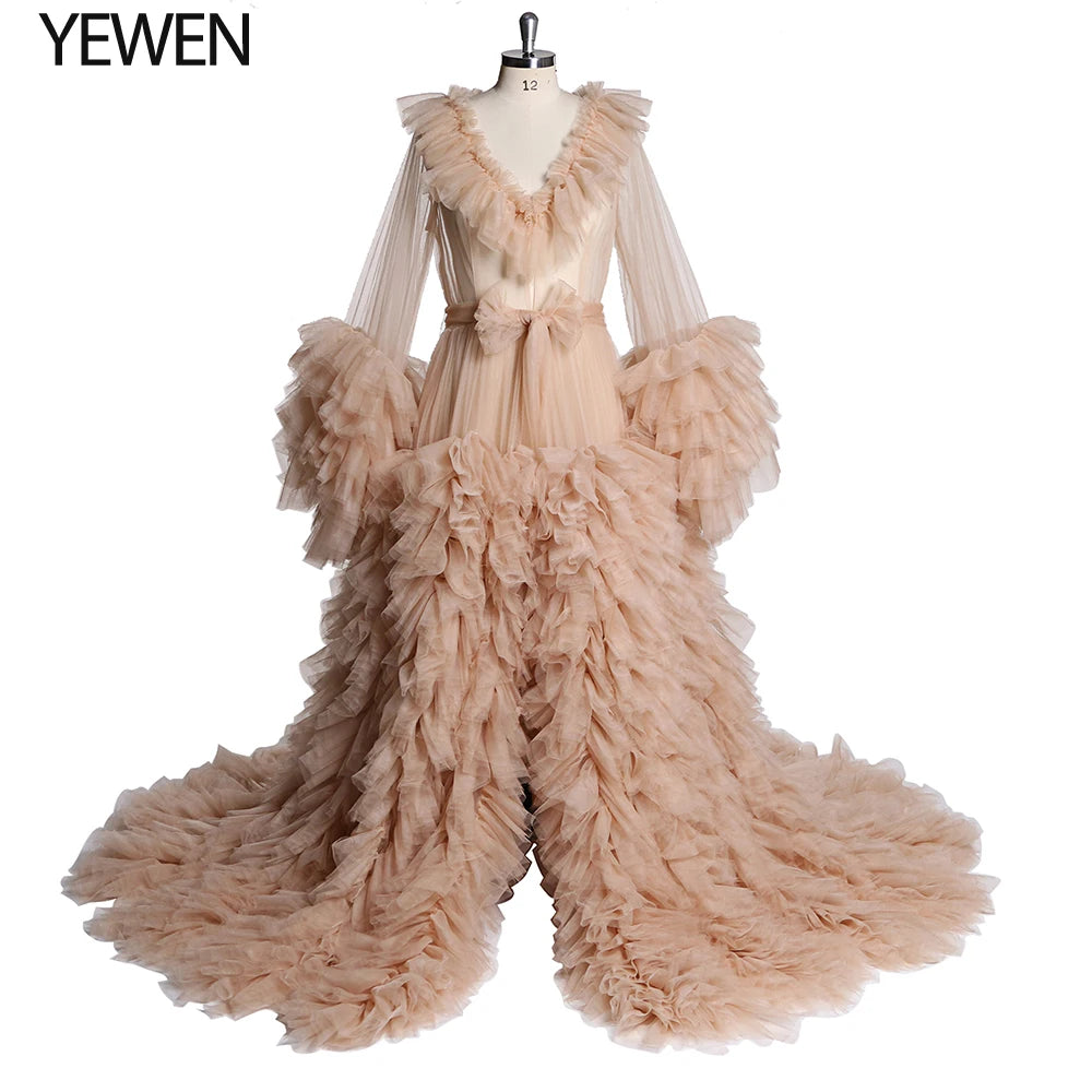 Lindo vestido de maternidad de tul para sesión de fotos, vestido de mangas largas con volantes para fotografía de embarazo, vestidos para baby shower Sunnderly 