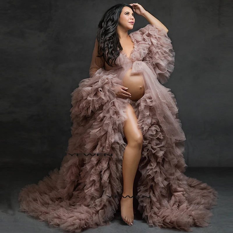 Süßes Umstandskleid aus Tüll für Fotoshootings, langärmeliges Rüschenkleid für Schwangerschaftsfotografie, Babyparty-Kleider von Sunnderly 