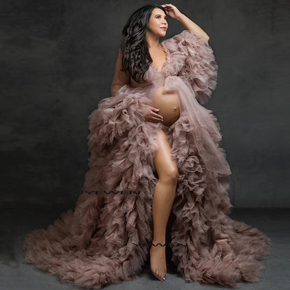 Süßes Umstandskleid aus Tüll für Fotoshootings, langärmeliges Rüschenkleid für Schwangerschaftsfotografie, Babyparty-Kleider von Sunnderly 