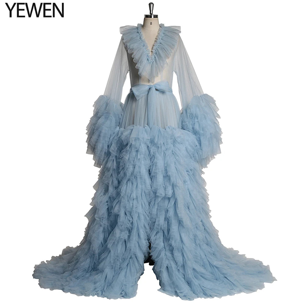 Lindo vestido de maternidad de tul para sesión de fotos, vestido de mangas largas con volantes para fotografía de embarazo, vestidos para baby shower Sunnderly 