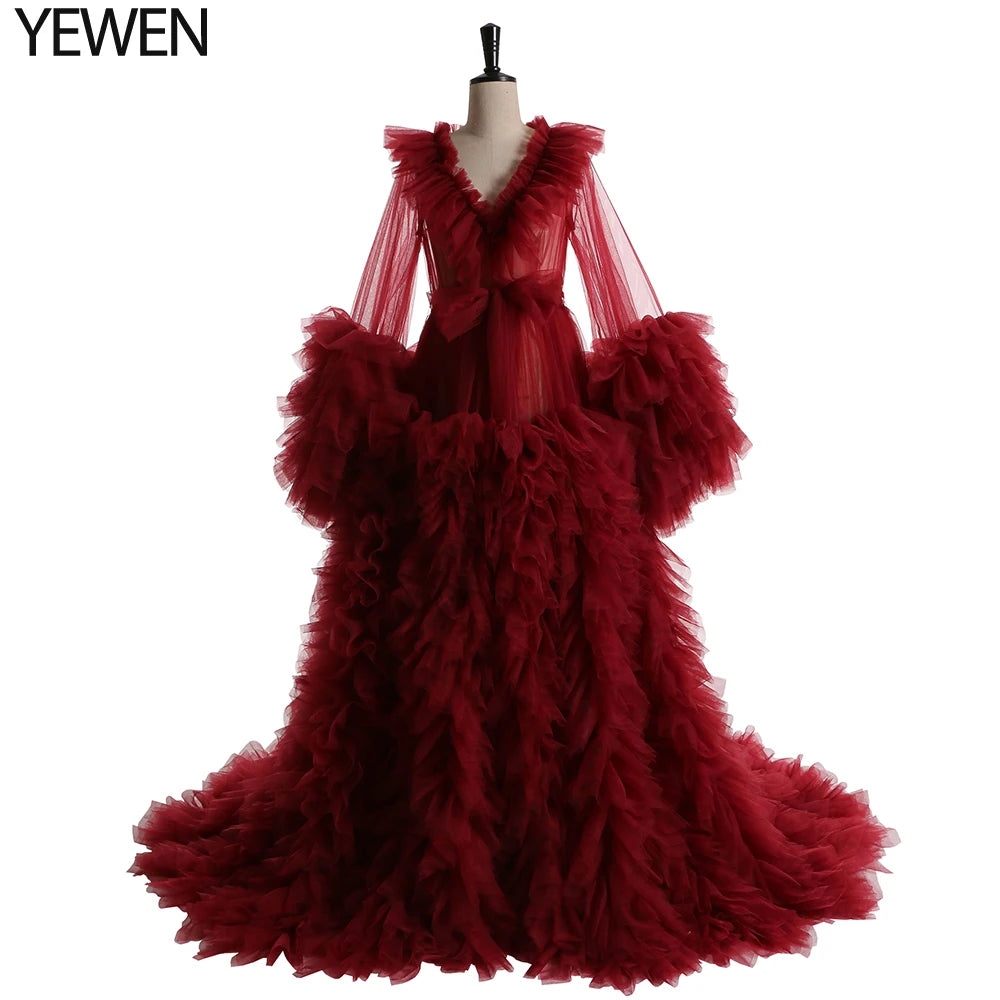 Lindo vestido de maternidad de tul para sesión de fotos, vestido de mangas largas con volantes para fotografía de embarazo, vestidos para baby shower Sunnderly 