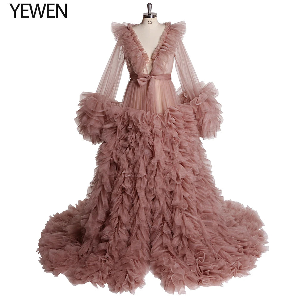 Lindo vestido de maternidad de tul para sesión de fotos, vestido de mangas largas con volantes para fotografía de embarazo, vestidos para baby shower Sunnderly 