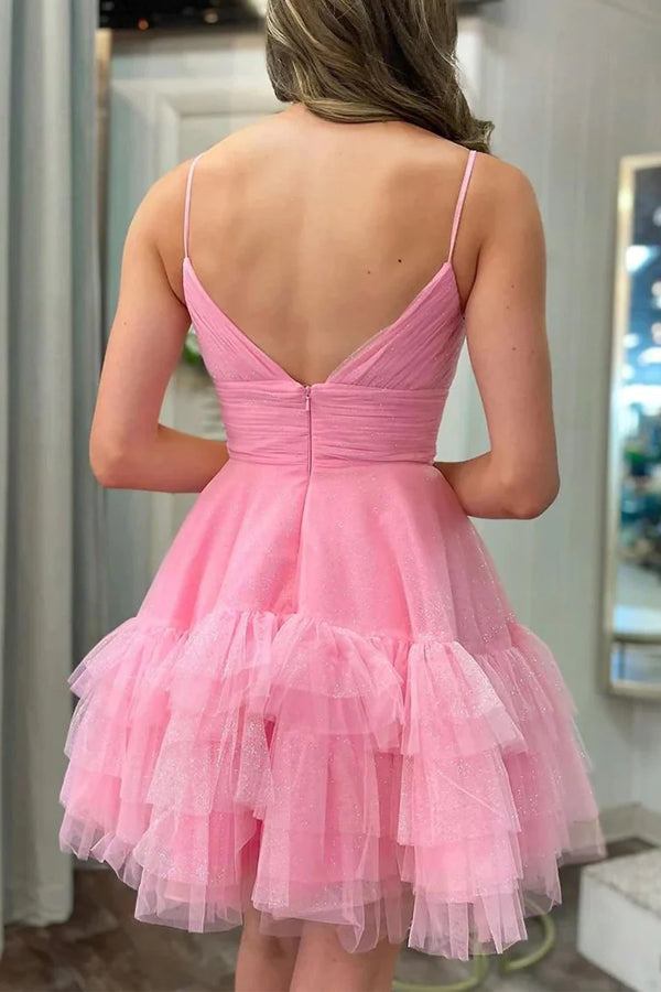 Vestido de fiesta de bienvenida de tul rosa con tirantes finos y corte en A PD481