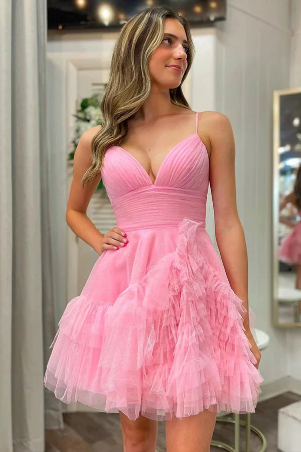Vestido de fiesta de bienvenida de tul rosa con tirantes finos y corte en A PD481