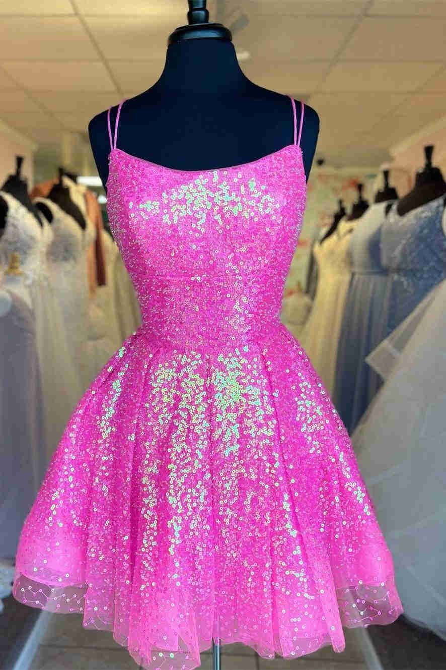 Lindo vestido de fiesta con lentejuelas rosa intenso SYH24