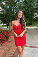 Hermosos vestidos de fiesta ajustados con escote en forma de corazón de encaje rojo sin espalda PD501