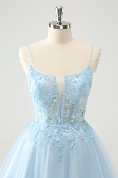 Cute Blush A Line Spaghetti Straps Corset Short Homecoming Dress with Appliques