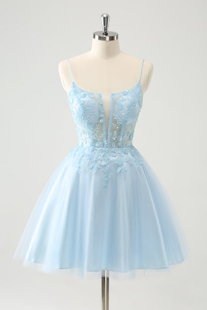 Cute Blush A Line Spaghetti Straps Corset Short Homecoming Dress with Appliques
