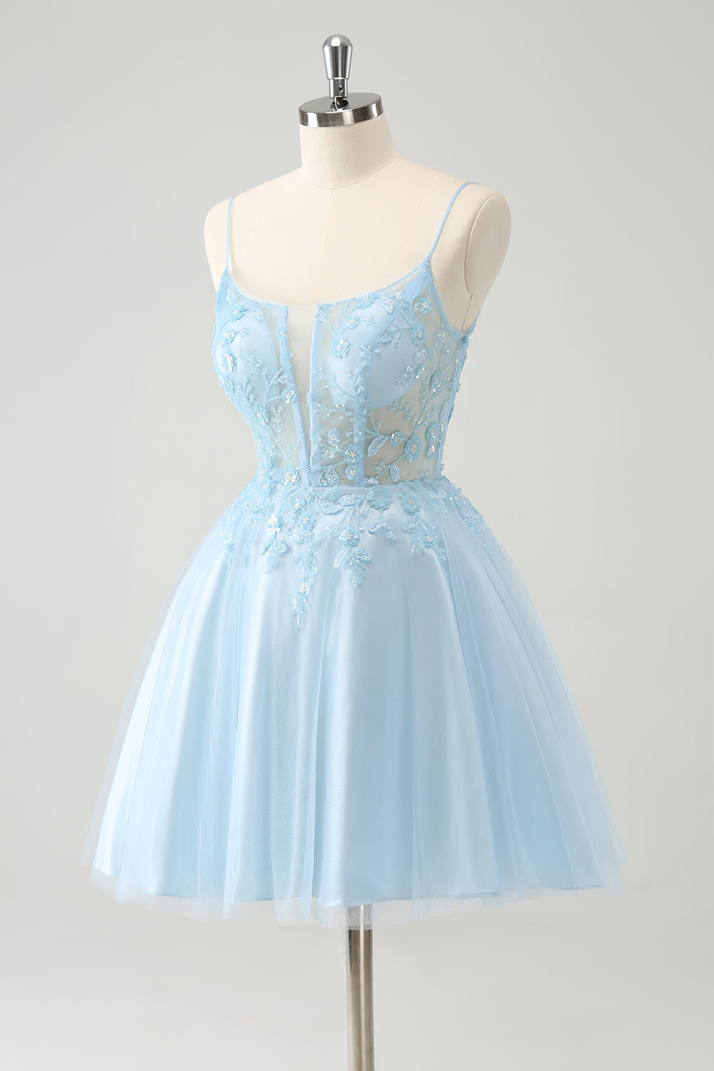 Vestido corto de fiesta con tirantes finos, color rubor, con corsé y apliques