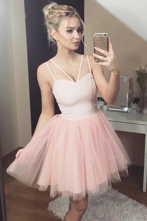 Vestido de fiesta corto de tul con escote corazón, color rosa, PD445