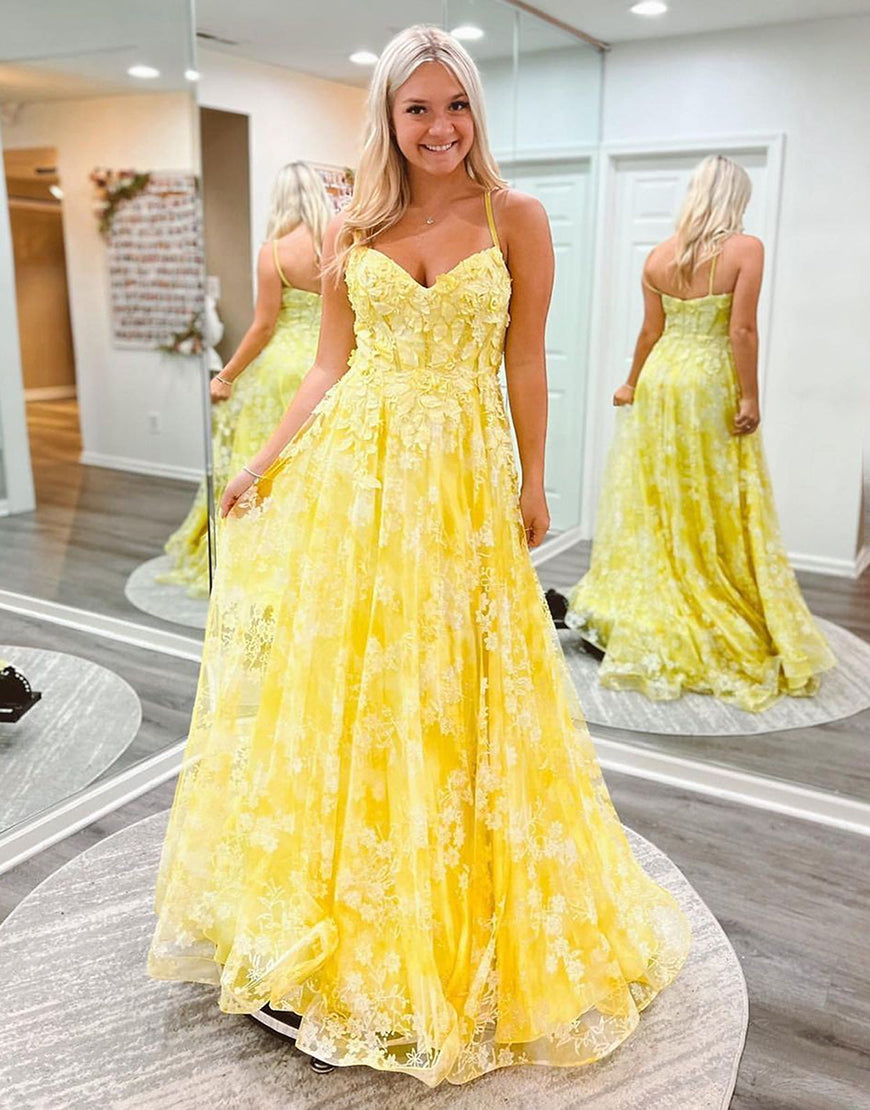 Ellis | Precioso vestido de fiesta largo amarillo de corte A con tirantes finos y apliques