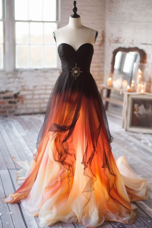 Einzigartiges trägerloses A-Linien-Tüll-Chiffon-Ballkleid, langes Abendkleid Y8384
