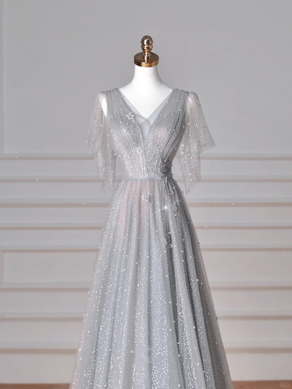 Glitzerndes graues Tüll-Pailletten-A-Linien-Ballkleid, sexy V-Ausschnitt, Abendkleid Y8638