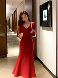 Vestidos de noche rojos de sirena con mangas largas, vestidos de fiesta para graduación Y5618