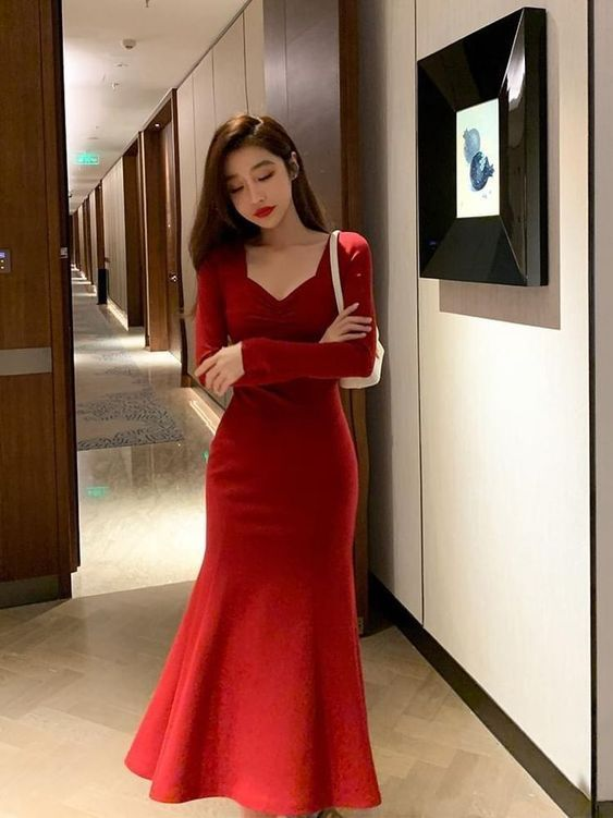 Vestidos de noche rojos de sirena con mangas largas, vestidos de fiesta para graduación Y5618