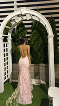 Vestido de noche romántico de sirena con encaje, sin mangas y espalda descubierta en rosa, con cola Y1490