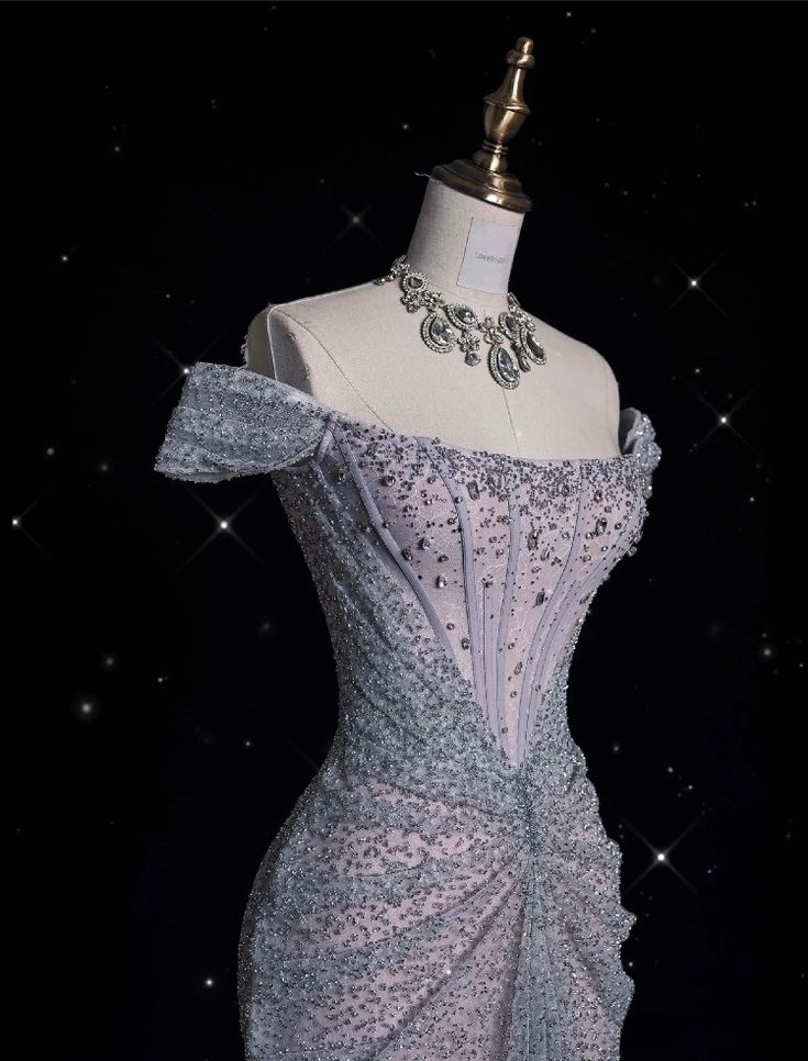 Glitzerndes lila Tüll-Meerjungfrau-Abendkleid mit Perlen, schulterfrei, langes Ballkleid Y8054