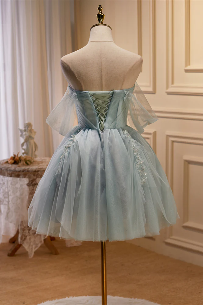 Vestido de fiesta plisado con cuentas y hombros descubiertos en color salvia polvorienta Y2713