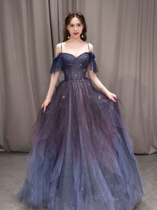 Vestido de fiesta largo de tul morado con cielo estrellado oscuro, vestido de noche morado Y5847