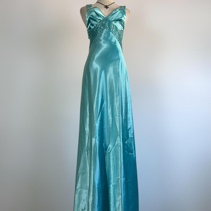 Vestido de noche azul con escote en V, satén y lentejuelas, vestido formal de fiesta, sin espalda, Y8548