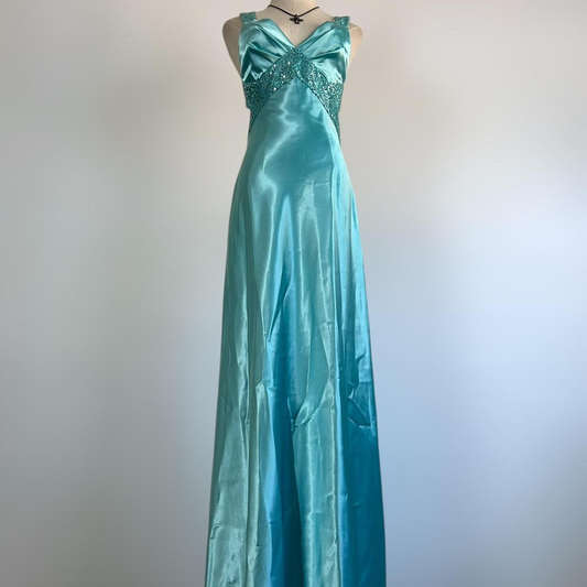 Vestido de noche azul con escote en V, satén y lentejuelas, vestido formal de fiesta, sin espalda, Y8548
