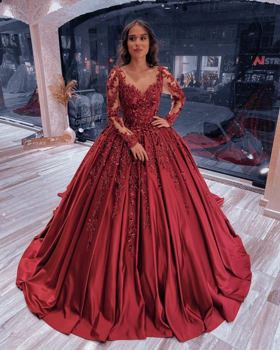 Ballkleid mit langen Ärmeln Satin Quinceanera Kleid Sweet 16 Kleid Y6088