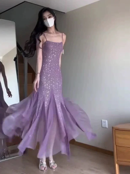 Sexy Meerjungfrau Spaghettiträger Lila Chiffon Perlen Abendkleid Ballkleid Y7812