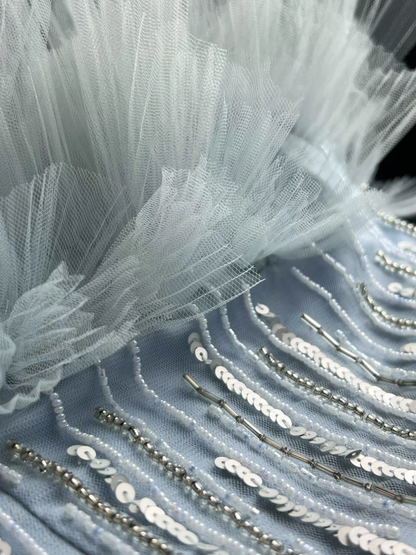 Elegante vestido de fiesta de tul azul con lentejuelas y cuentas, corte en A, vestido de noche Y8646