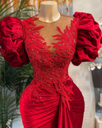 Vestido de fiesta de sirena rojo de lujo con encaje y cuentas, cuello transparente, vestido de noche, ropa formal para fiesta Y02