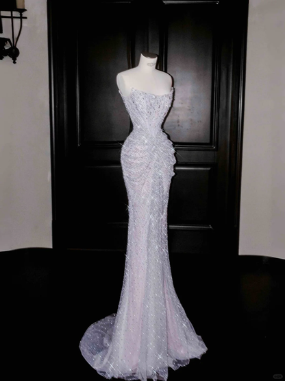 Glitzerndes lila Tüll-Ballkleid mit Perlen, trägerlos, Meerjungfrau-Abendkleid Y8664