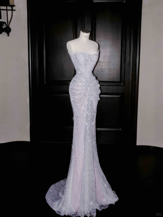Glitzerndes lila Tüll-Ballkleid mit Perlen, trägerlos, Meerjungfrau-Abendkleid Y8664