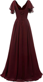 Brautjungfernkleid mit Blattärmeln und V-Ausschnitt, Chiffon, lang, formelles Hochzeitsabendkleid Y1206