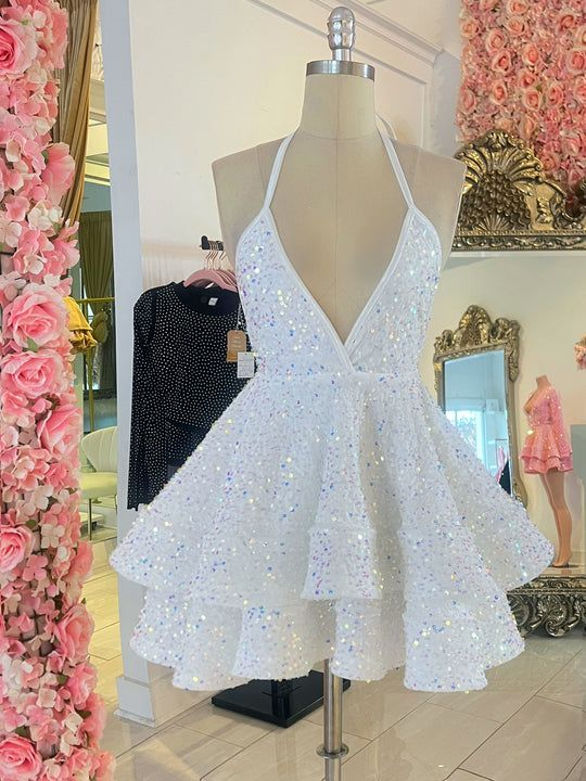 Vestido de fiesta blanco con lentejuelas y corte en A, Y2154