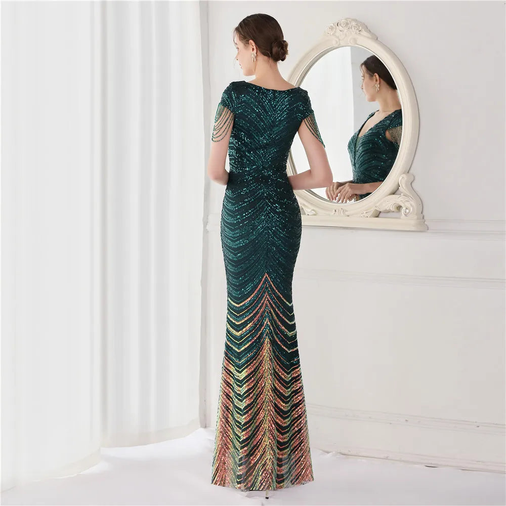 Elegant V Neck Mermaid Evening Dress Long Luxury Beads Women Evening Party Dresses New Formal Dress 19085-payinti