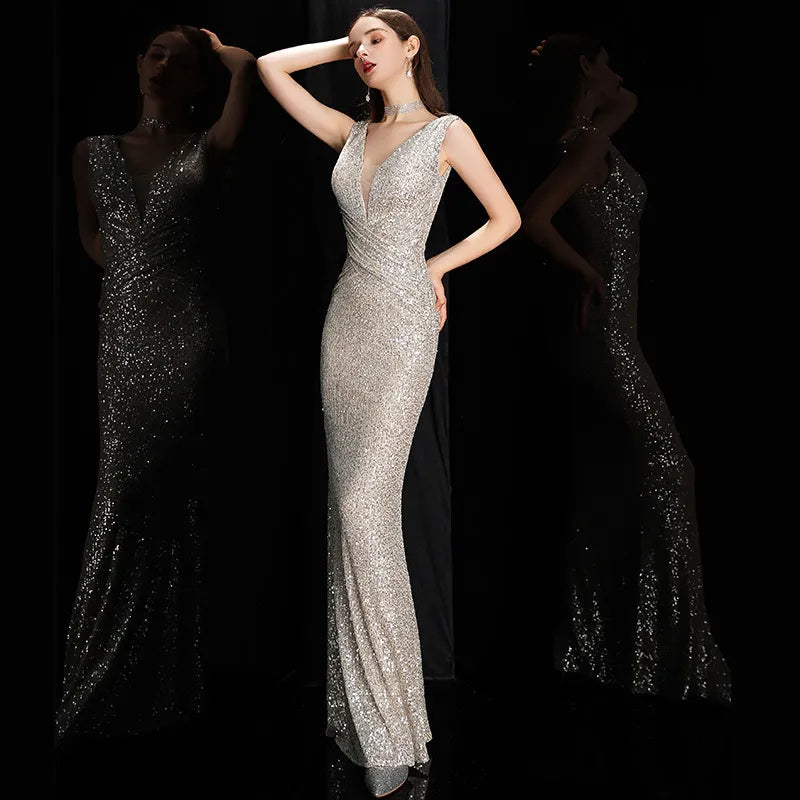 Elegant V Neck Sequin Evening Dress Long New Women Mermaid Formal Dress Party Gown Bodycon Maxi Prom Dress-payinti