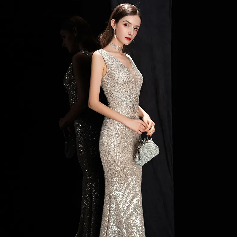 Elegant V Neck Sequin Evening Dress Long New Women Mermaid Formal Dress Party Gown Bodycon Maxi Prom Dress-payinti
