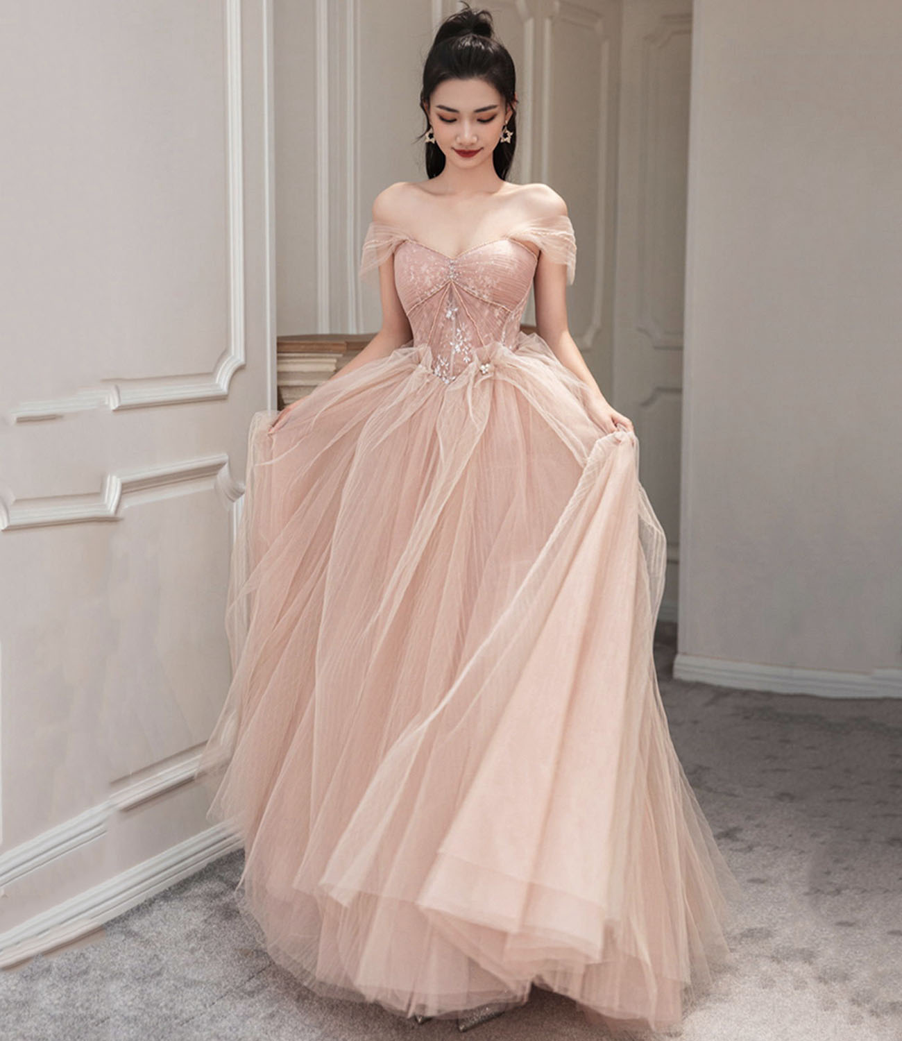 Rosa Tüll Langes Ballkleid Rosa Abendkleid Y1825
