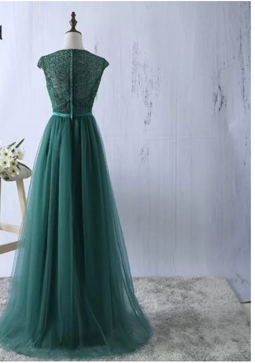 Vestido de noche largo con cuello redondo y encaje de tul verde, vestido formal sencillo S6796