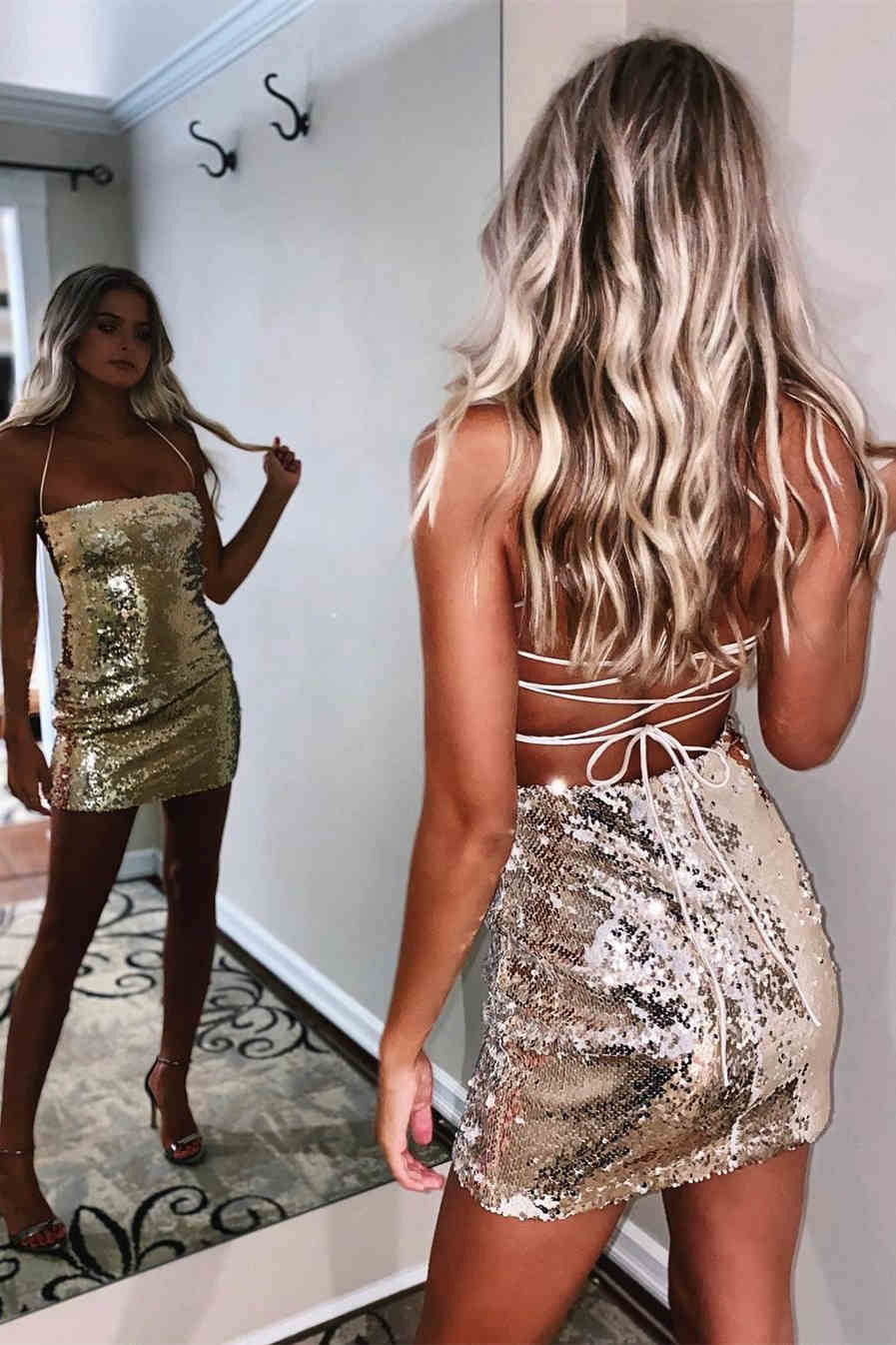 Sexy funkelnde Pailletten Spaghettiträger Kurze Ballkleider, Homecoming-Kleider 