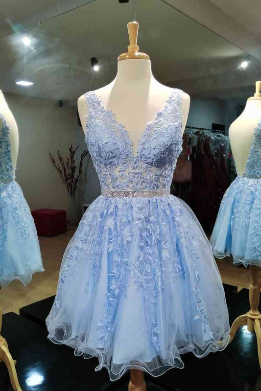 Vestidos de fiesta cortos de encaje azul sin mangas con escote en V y volantes, vestidos de bienvenida 