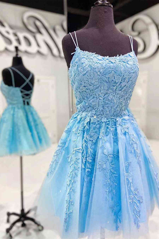 Blaue A-Linie Spaghettiträger Spitze Kurze Ballkleider, Homecoming Kleider 