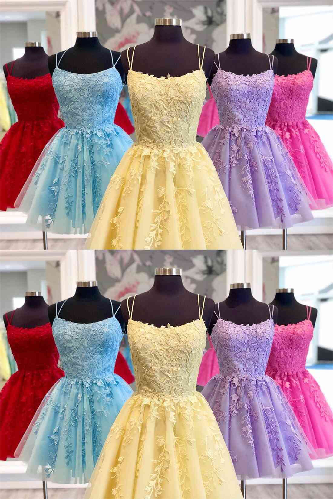 Blaue A-Linie Spaghettiträger Spitze Kurze Ballkleider, Homecoming Kleider 