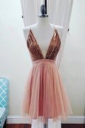 Vestidos de fiesta cortos con escote en V profundo, tirantes finos, sin mangas y lentejuelas, vestidos de regreso a casa 